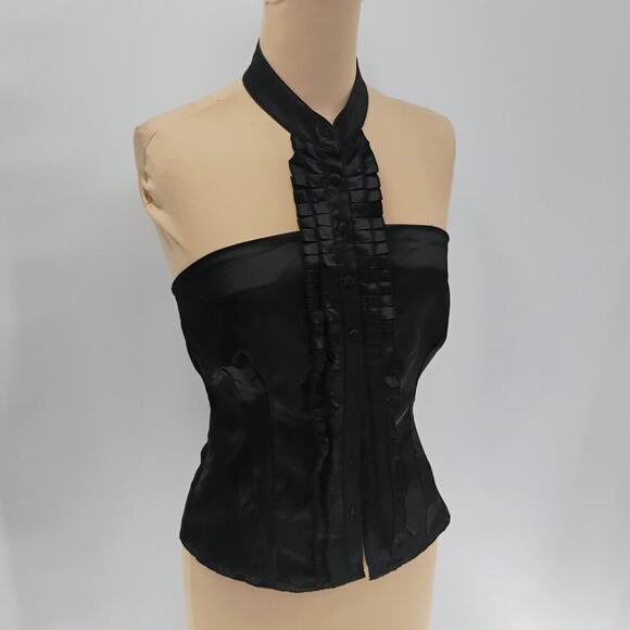 Forever 21 Women Tops Black y2k satin halter top ruffle tuxedo - Picture 2 of 12